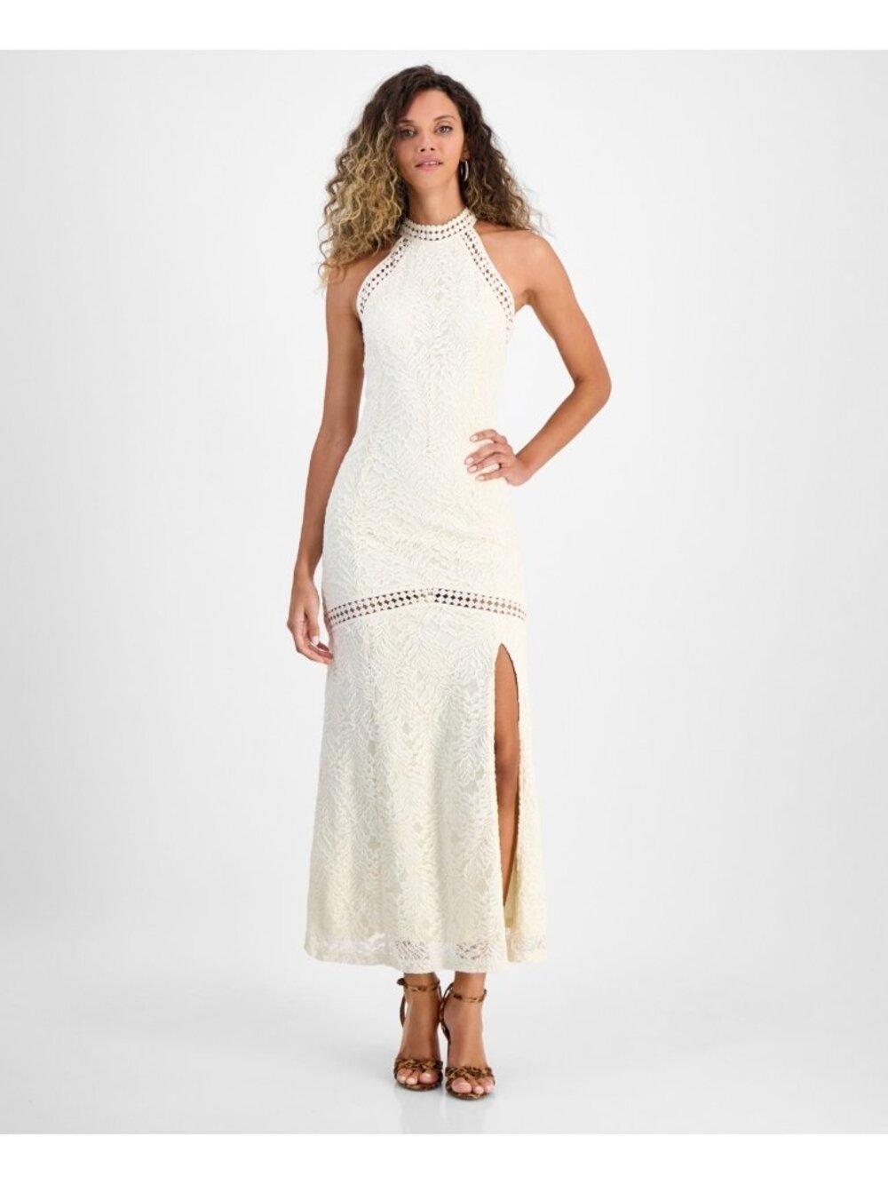 GUESS Women New Liza High-Neck Sleeveless Slit at front Dress Cream Size L $178